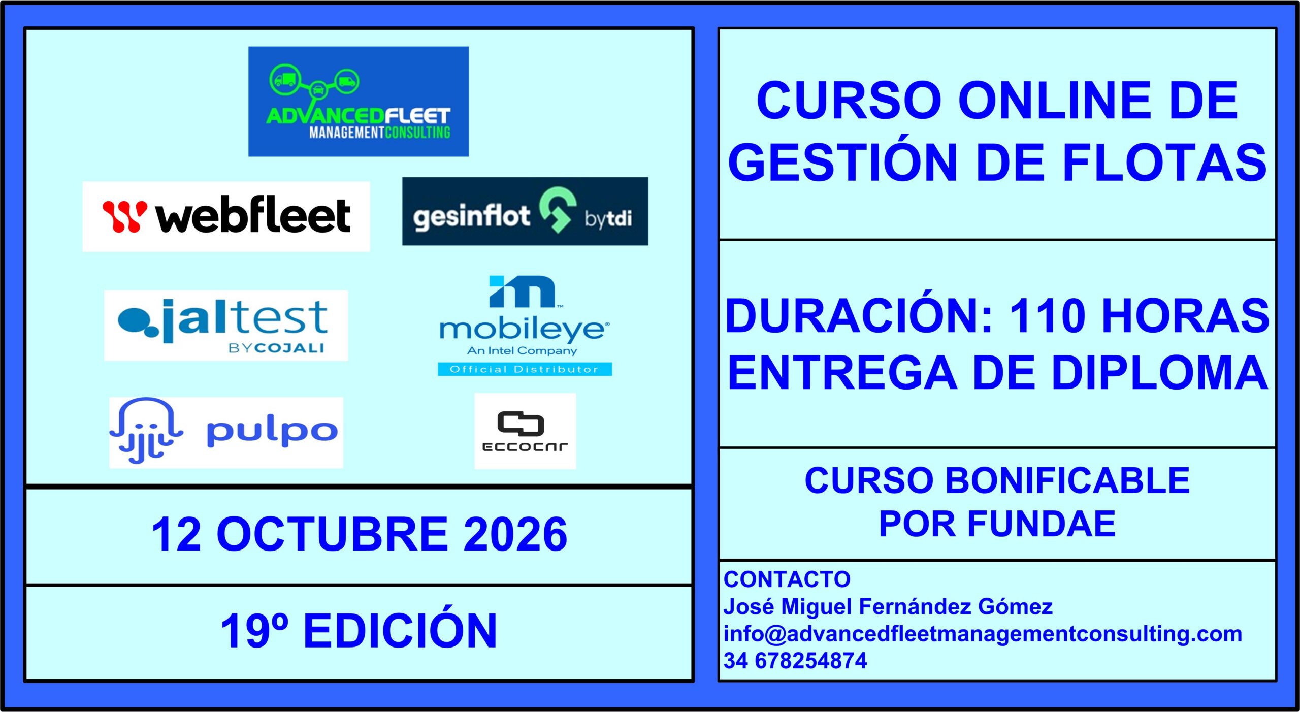 19º Curso online para la gestión de flotas de vehículos. 12 de Octubre 2026.